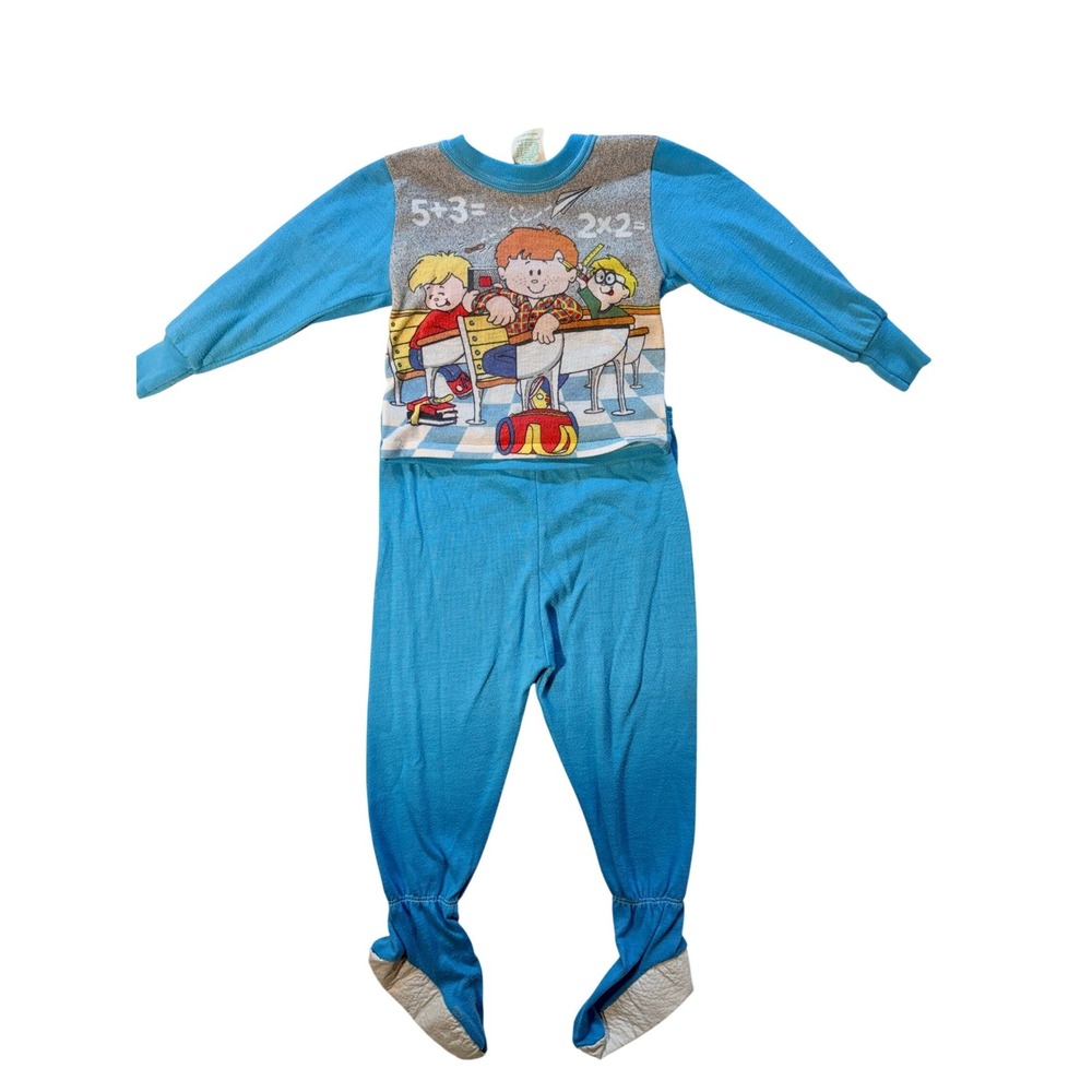 90's Vintage Dr Denton Boys 3T Blue School Graphic Footed Pajama Set USA 2pc
